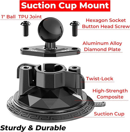 1" Ball Twist-Lock Suction Cup Mount, 3.5" Large Suction Cup Base for Vehicle Windshields, Compatible with RAM Mounts B Size 1" Ball Double Socket Arm, for GoPro Insta360 Camera Phone Holder