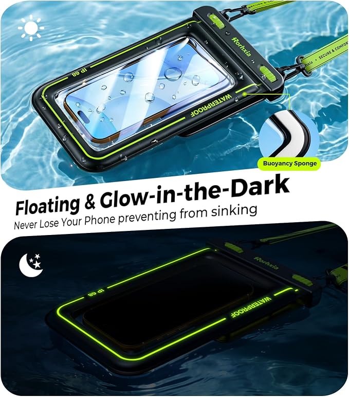 Rorhxia [Glow-in-the-dark] IP68 Waterproof Phone Pouch Double Space, Floating Waterproof Phone Case with Lanyard Phone Dry Bag for iPhone 17 Pro Max 16 15 14 S26 S25 Travel Beach & Water Adventures