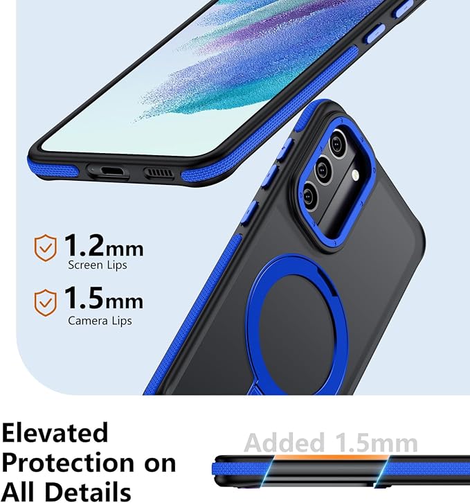 for Samsung Galaxy S21 FE Case, Magnetic Adjustable Ring Stand [Fit for Magsafe], [Military-Grade Shockproof Protection] Phone Case with Kickstand&Ring Holder (Blue)