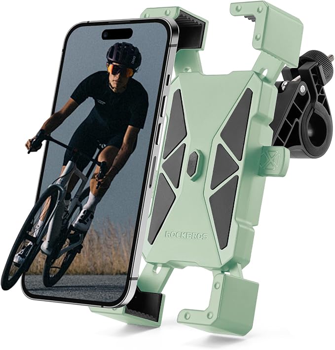 ROCKBROS Bike Phone Holder, Motorcycle Phone Mount, Anti-Shake Cell Phone Holder, 360° Adjustable for iPhone 16, 15 Pro Max/Plus, S9, S10 and More 4.7" to 7" Smartphones，Green