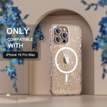 Choiche for iPhone 16 Pro Max Case Magnetic, Women Clear Glitter Bling Sparkly Case, [3xDiamond Camera Lens Protectors] [2xTempered Glass Screen Protectors] [Compatible MagSafe] 6.9"(Glitter Clear)