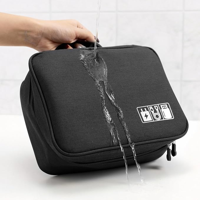 Cable Organizer Bag, Electronic Accessories Travel Case, Waterproof Double Layer Storage Bag for Charger, Cord, Phone, Earphone, Portable Carry Pouch for Travel & Daily Use (Black)