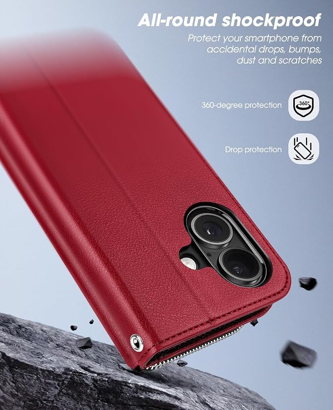 OCASE for iPhone 17 Crossbody Wallet Case - Stylish PU Leather Handbag Phone Purse with Zipper Closure, Card Slots & RFID Blocking - Wrist Strap, Lanyard, Kickstand - Red