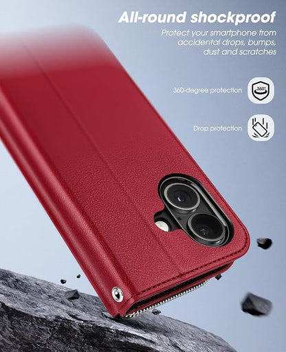 OCASE for iPhone 17 Crossbody Wallet Case - Stylish PU Leather Handbag Phone Purse with Zipper Closure, Card Slots & RFID Blocking - Wrist Strap, Lanyard, Kickstand - Red
