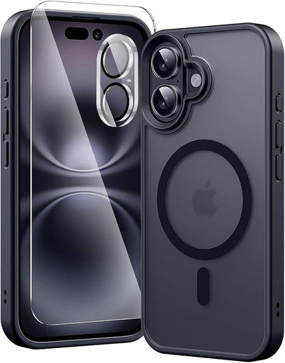 3 in 1 for iPhone 16 Plus Case Clear Matte Black | with MagSafe,Screen Protector *1 & Camera Lens Protector*1, Skin Feeling Back Cover Military-Grade Protection
