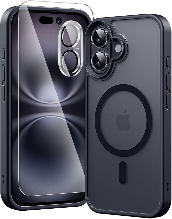 3 in 1 for iPhone 16 Case with MagSafe, Screen Protector*1 Camera Lens Protector*1,Matte Skin Feeling Back Cover Military-Grade Protection for iPhone 16 Phone Case 6.1 inch Matte Black