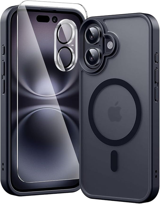 3 in 1 for iPhone 16 Case with MagSafe, Screen Protector*1 Camera Lens Protector*1,Matte Skin Feeling Back Cover Military-Grade Protection for iPhone 16 Phone Case 6.1 inch Matte Black