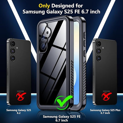 SPIDERCASE Designed for Samsung Galaxy S25 FE Case Waterproof,Built-in Screen & Camera Lens Protector[IP68 Underwater][Military Grade Shockproof] Full Body Protection Phone Case, Black/Clear