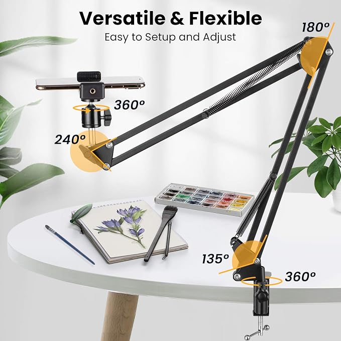 TARION Overhead Video Arm Articulating Flexible Cell Phone Holder for Desk Table Phone Stand Holder for Overhead Video Filming Livestream Flat Photography Videography