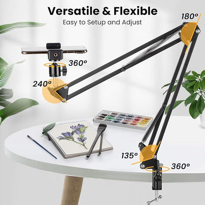 TARION Overhead Video Arm Articulating Flexible Cell Phone Holder for Desk Table Phone Stand Holder for Overhead Video Filming Livestream Flat Photography Videography