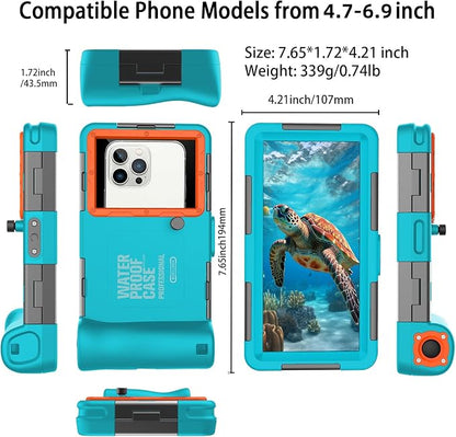 Underwater Phone Case for Snorkeling, [50ft/15M] Professional Deep Diving Waterproof Phone Case for iPhone 17-7 Pro/Pro Max/Plus/Mini, 16/17E, SE 2/3, Galaxy S10-S25 Plus/Ultra, A21-A56 [Blue]