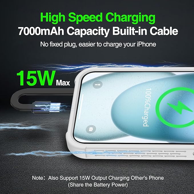 GIN FOXI Battery Case for iPhone 15/15 Pro, Rechargeable Charing Cases 7000mAh Portable Juice Box Fast Charger Cover Battery Pack for 15/15 Pro Built-in Cable, Grey(6.1”)