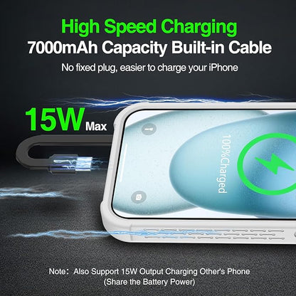 GIN FOXI Battery Case for iPhone 15/15 Pro, Rechargeable Charing Cases 7000mAh Portable Juice Box Fast Charger Cover Battery Pack for 15/15 Pro Built-in Cable, Grey(6.1”)
