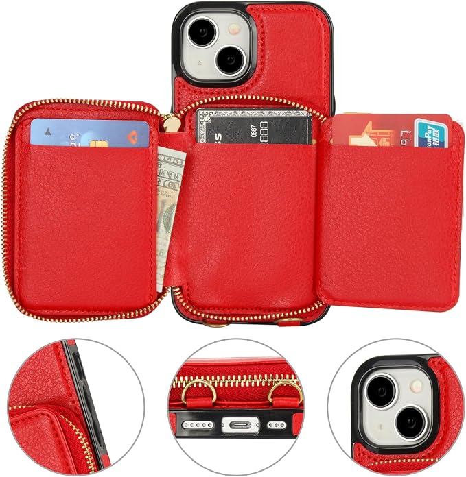 Bocasal RFID Blocking Wallet Case for iPhone 15, Adjustable Crossbody Zipper Purse Case Card Holder with Kickstand Detachable Wrist Strap, PU Leather Flip Folio Case 6.1 Inch 5G (Red)