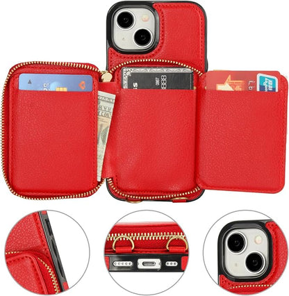 Bocasal RFID Blocking Wallet Case for iPhone 15, Adjustable Crossbody Zipper Purse Case Card Holder with Kickstand Detachable Wrist Strap, PU Leather Flip Folio Case 6.1 Inch 5G (Red)