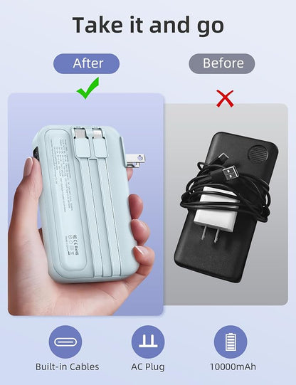 RORRY Portable Charger w/Wall Plug 10000mAh Power Bank 22.5W Battery Pack | Built in Cables, Fast Charging, for iPhone, iPad, Samsung Galaxy, Pixel, LG, Travel Essential, Digital Display, Pocket Size