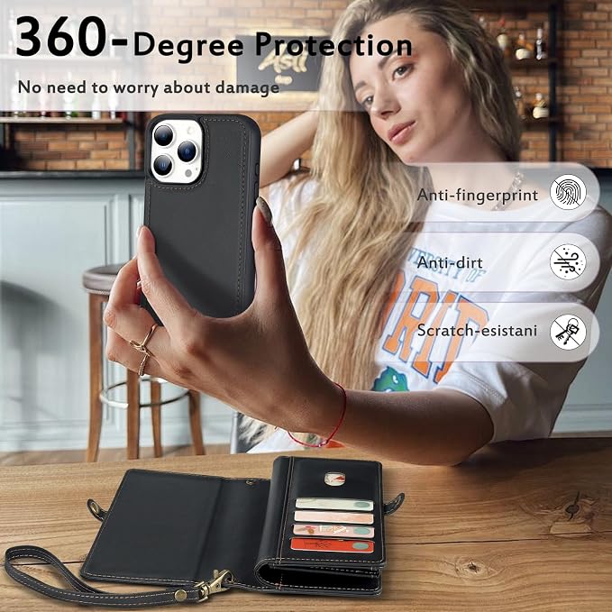 for Wallet Case Compatible with iPhone 16 Pro,Multi-Function Detachable 2 in 1 Magnetic iPhone 16 Pro Case Wallet,Flip Strap Zipper Card Holder Phone Case with Shoulder Straps (Black)