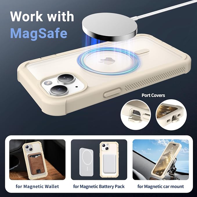 jaroco Magnetic for iPhone 15 Case, [Compatible with MagSafe][Military Grade Drop Protection][Heavy Duty Protection][Non-Slip][Shockproof] 2-Layer Durable Bumper Phone Case 6.1''-Antique White