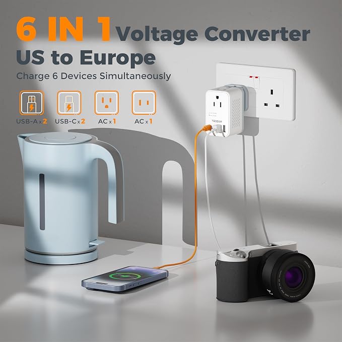 TESSAN 220 to 110 Voltage Converter US to Europe, International Adapter | 4 USB Ports(2 USB C), 2 AC and EU/UK/AU Plug Universal Travel Power Converter Adapter Combo, Step Down Transformer