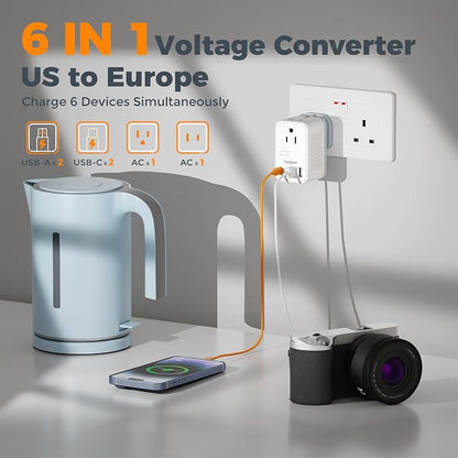TESSAN 220 to 110 Voltage Converter US to Europe, International Adapter | 4 USB Ports(2 USB C), 2 AC and EU/UK/AU Plug Universal Travel Power Converter Adapter Combo, Step Down Transformer