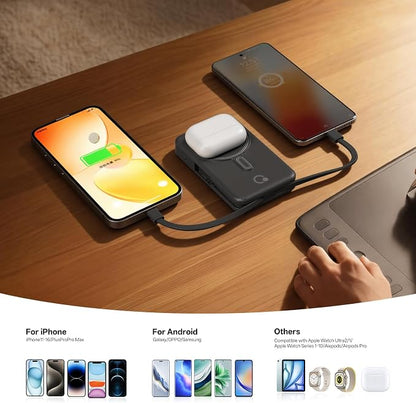 Q Magnetic Wireless Portable Charger 10,000mAh, Travel Essentials Power Bank with Built-in Cables & Foldable Stand, External Battery Pack Compatible with iPhone 17/16/15/14/13/12, Apple Watch