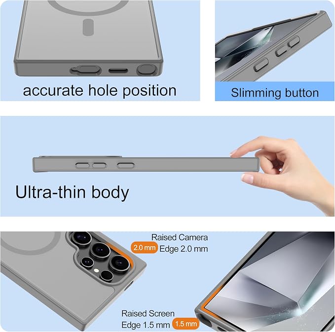 For Samsung Galaxy S24 Ultra Case [Compatible with Magsafe] Translucent Matte Magnetic S24 Ultra Phone Case,SlimThin Duty Shockproof Protection Cover with 2pc HD Screen Protector for S24 Ultra-Gray