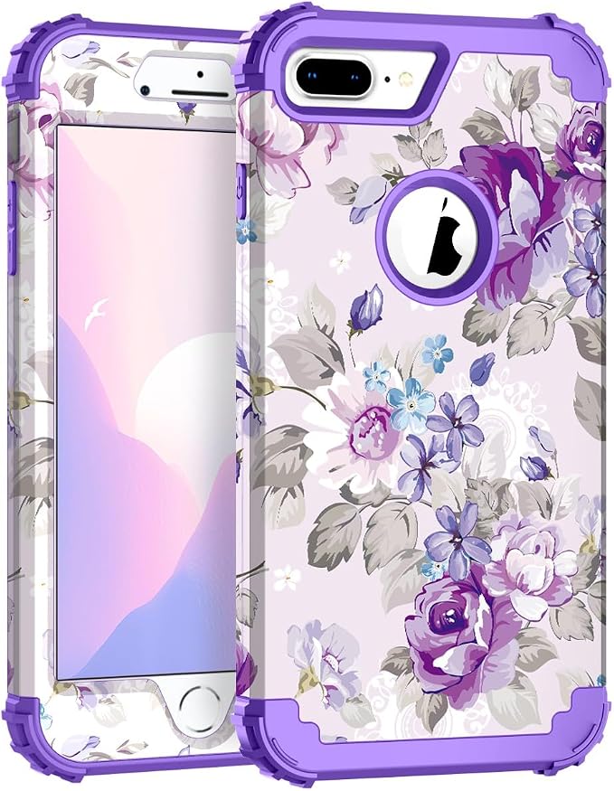 Hocase Heavy Duty Shockproof Protection Hard Plastic+Silicone Rubber Hybrid Protective Case for iPhone 7 Plus/iPhone 8 Plus - Lavender Flowers