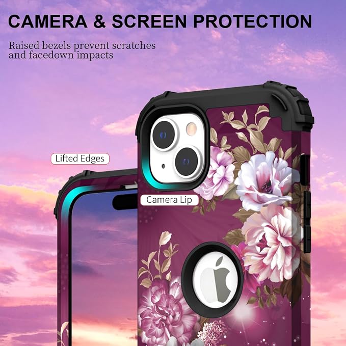 Hocase for iPhone 15 Plus Case, Heavy Duty Shockproof Protection Soft Silicone Rubber Bumper+Hard Plastic Hybrid Protective Case for iPhone 15 Plus 6.7" 2023 - Royal Purple Flowers