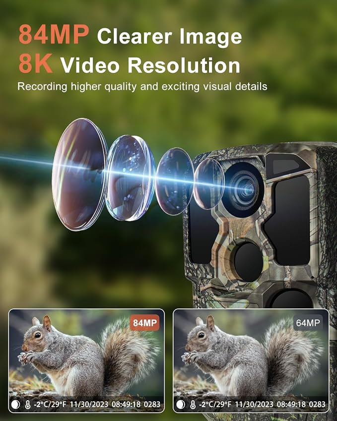 KJK Trail Camera WiFi 8K 84MP with 64GB Memory Card, Game Camera with Night Vision, 0.05s Trigger Motion Activated, IP67 Waterproof 130°Wide-Angle 42pcs No Glow Infrared LEDs for Wildlife Monitoring