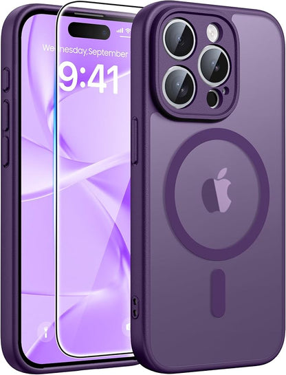 FNTCASE for iPhone 15 Pro Max Case: [Compatible with Magsafe] Translucent Matte Cases with [Full Camera Protection] [Screen Protector] Military Grade Shockproof Protective Phone Cover - Purple