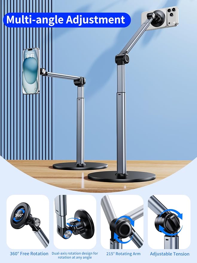 Magnetic Aluminum Overhead Phone Stand for Recording,Adjustable Phone Mount for Desk,iPhone Tripod for Overhead Shots,Sturdy Holder for Cooking,Crafting,Filming,Painting – Perfect for Creators