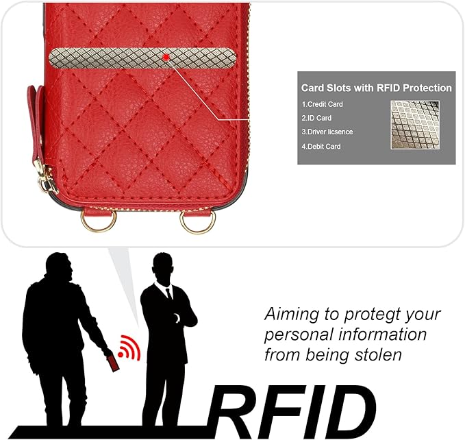 Bocasal Crossbody Wallet Case for iPhone 16, RFID Blocking PU Leather Zipper Handbag Purse Flip Cover, Kickstand Folio Case with Card Slots Holder Wrist Strap Lanyard 5G 6.1 Inch (Red)