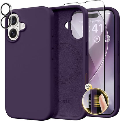 GONEZ Magnetic for iPhone 16 Case, Compatible with MagSafe, [Screen Protector + Camera Lens Protector], Liquid Silicone Shockproof Protective Phone Case for iPhone 16 6.1", Deep Purple