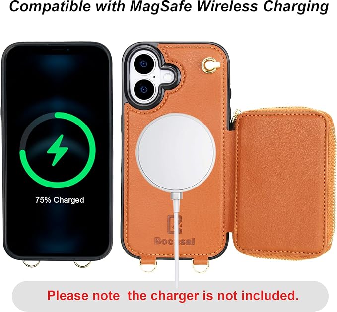 Bocasal for MagSafe Crossbody Wallet Case Compatible with iPhone 17, RFID Blocking Protective Purse Case with Card Slots Holder Kickstand Wrist Strap Lanyard Zipper 6.3 Inch 5G (Brown)