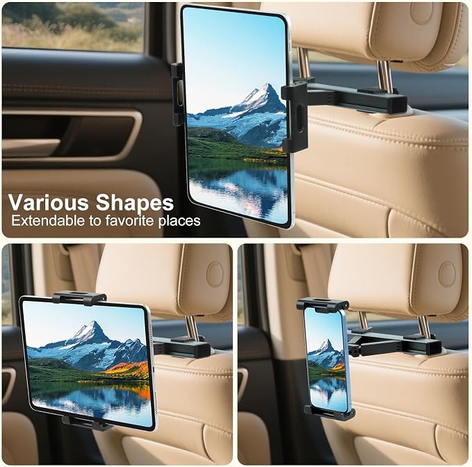 Kairiyard Tablet Holder for Car, Triangle Extension Arm Adjustable Car Back Seat Tablet Holder Road Trip Essentials Headrest Tablets Cars Mount Compatible with iPad Pro, Air, Mini, 4.7-11" Devices