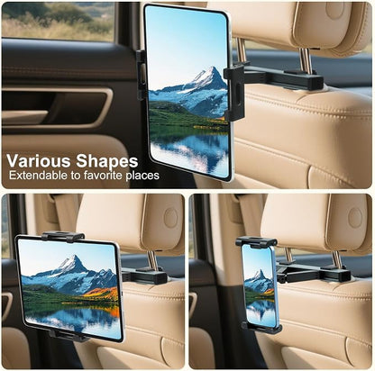Kairiyard Tablet Holder for Car, Triangle Extension Arm Adjustable Car Back Seat Tablet Holder Road Trip Essentials Headrest Tablets Cars Mount Compatible with iPad Pro, Air, Mini, 4.7-11" Devices