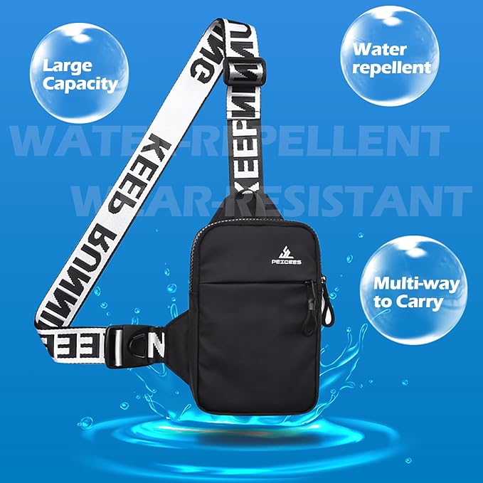 Peicees Mini Crossbody Sling Bag Chest Bag Dual Pocket Water Resistant Fanny Pack Running Phone Holder for Men Women Workout Travel, Grey