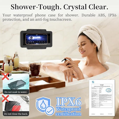 Waterproof Phone Holder for Shower, [Shower Phone Mount] with IPX6 Rating & Anti-Fog Screen, 360° Rotatable [Waterproof Shower Phone Holder] with Strong Suction for iPhone Android 4-7 Inch (Black)
