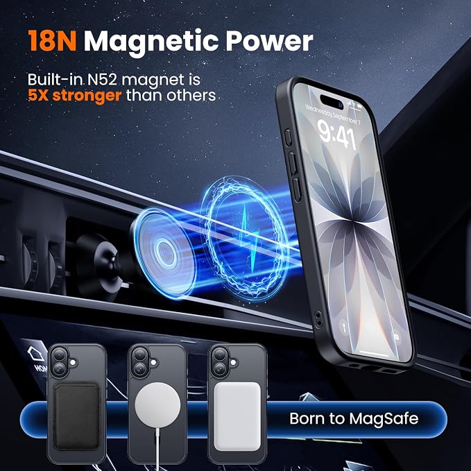 3 in 1 for iPhone 17 Case Matte Black,Fits MagSafe, Screen Protector*1 Camera Lens Protector*1,Matte Skin Feeling Back, Cover Military-Grade Protection