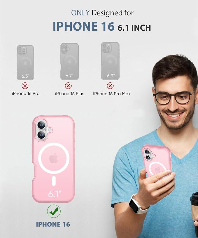 Compatible with iPhone 16 Case, Built-in Screen Protector, with Camera Lens Protector, [Compatible with MagSafe] Matte Back Full Body Phone Case, Protective Cover for 16 6.1" (Pink)