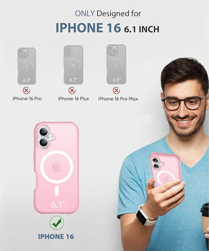 Compatible with iPhone 16 Case, Built-in Screen Protector, with Camera Lens Protector, [Compatible with MagSafe] Matte Back Full Body Phone Case, Protective Cover for 16 6.1" (Pink)