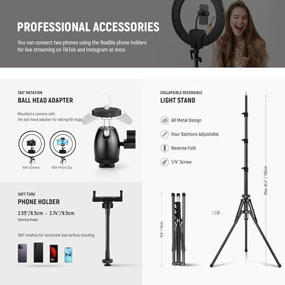 NEEWER 18 Inch Edge Lit Ring Light with Tripod Stand Phone Holder Compatible with iPhone for Video Recording Selfie Makeup Studio Streaming, 45W 2900-7000K APP 2.4G Control Ringlight Lighting, RL45B