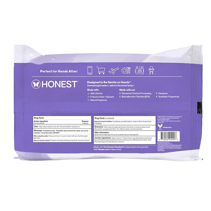 The Honest Company Lavender Sanitizing Wipes, Kills 99.99% of Germs, Safe for All Hands, Antibacterial, Dermatologist Tested, 50 Count