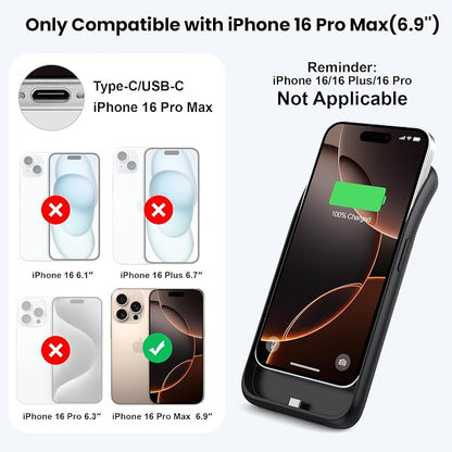 Feob Battery Case for iPhone 16 Pro Max,Ultra-Slim 8600mAh Portable Charger Cover 360°Protection Rechargeable Extended Battery Charging Case for iPhone 16 Pro Max-Black