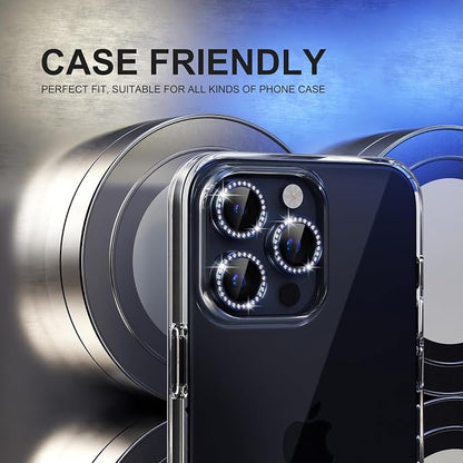 Choiche Compatible for iPhone 15 Pro/iPhone 15 Pro Max Camera Lens Protector Bling, 9H Tempered Glass Camera Cover Screen Protector Metal Ring Decoration Accessories (Diamond-Blue)