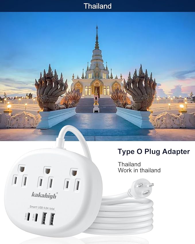 Thailand Power Adapter, Thailand Extension Cord 4FT | Thailand Plug Adapter with 3 American Outlets 4 USB Ports (2 USB-C) Total 24W, Type O Plug Adapter for USA to Thailand
