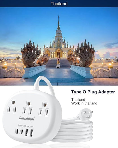 Thailand Power Adapter, Thailand Extension Cord 4FT | Thailand Plug Adapter with 3 American Outlets 4 USB Ports (2 USB-C) Total 24W, Type O Plug Adapter for USA to Thailand