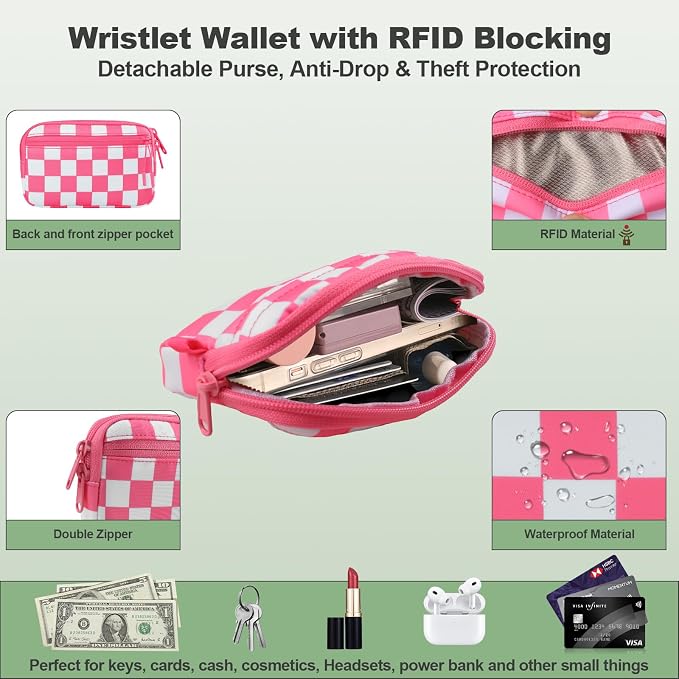YFWE Clip and Go Strap for Phone with Wallet Crossbody, Adjustable Phone Lanyard with Detachable RFID Wristlet Wallet, Phone Strap with Phone Tabs for All Phones, Pink Checkered (M)