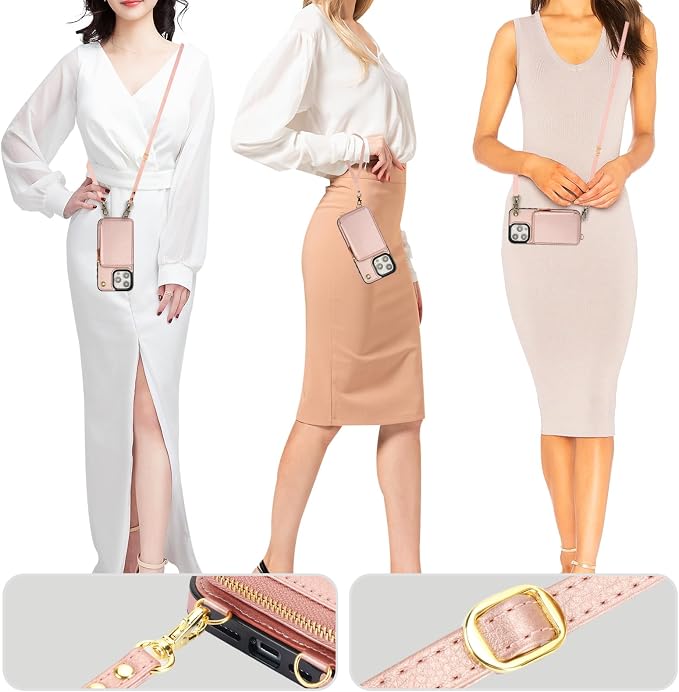 Bocasal for MagSafe Crossbody Wallet Case Compatible with iPhone 15 Pro Max, RFID Blocking Protective Purse Case with Card Slots Holder Kickstand Wrist Strap Lanyard Zipper 6.7 Inch 5G (Rose Gold)