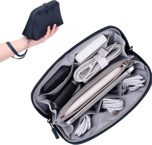 FYY Travel Cable Organizer - 8 Compartments, Lightweight, Water Repellent | With Wrist Strap, Portable Tech Pouch for Cord Charger, Travel and Business Trips Use, Soft Shell Nylon, Navy (Small)